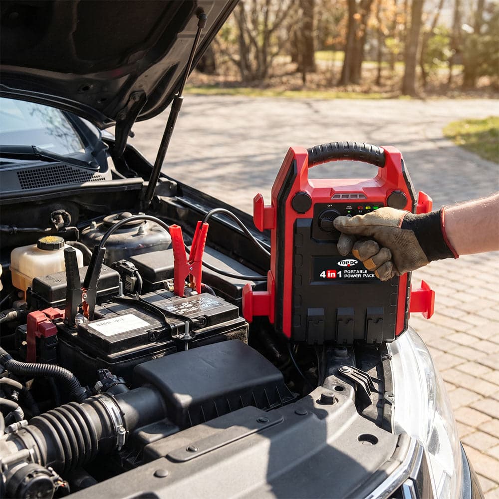 Booster pack connected to a car battery during a jump start